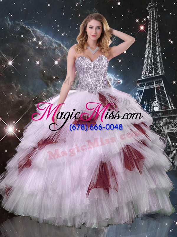 wholesale floor length multi-color ball gown prom dress organza sleeveless beading and ruffled layers
