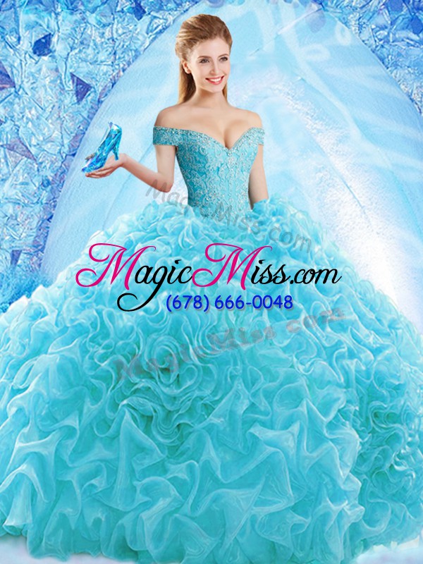 wholesale classical lace up 15 quinceanera dress aqua blue for military ball and sweet 16 and quinceanera with ruffles and pick ups brush train