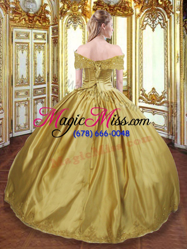 wholesale custom design floor length gold quinceanera dress tulle sleeveless beading and appliques and hand made flower