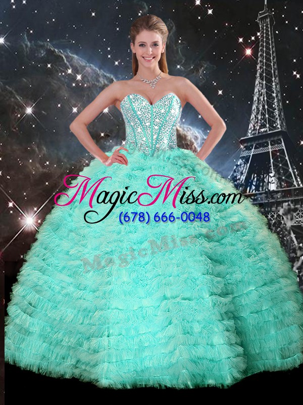 wholesale dynamic turquoise 15 quinceanera dress military ball and sweet 16 and quinceanera with beading and ruffled layers sweetheart sleeveless lace up