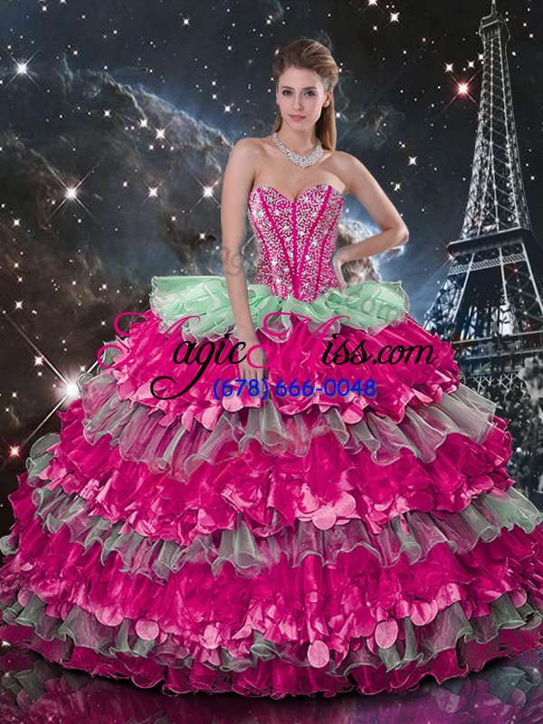 wholesale beading and ruffles and ruffled layers quince ball gowns multi-color lace up sleeveless floor length