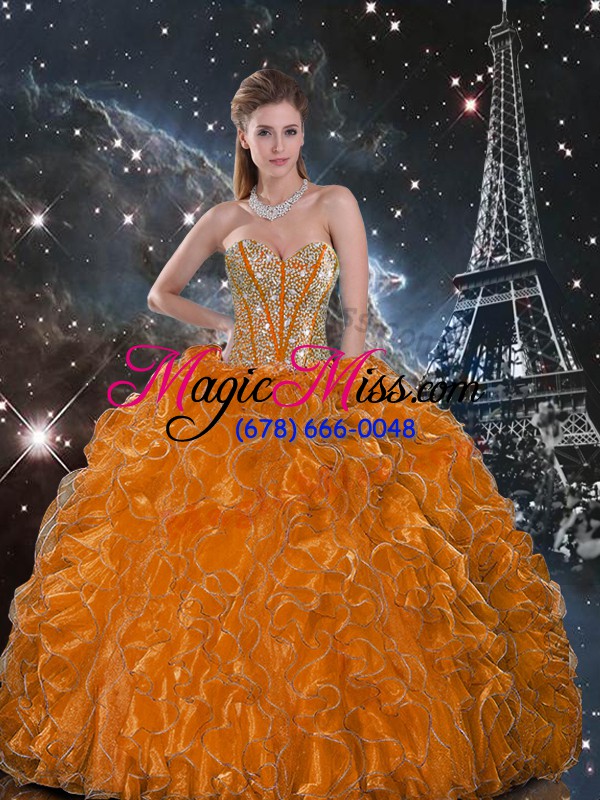 wholesale orange ball gowns organza sweetheart sleeveless beading and ruffles floor length lace up quince ball gowns