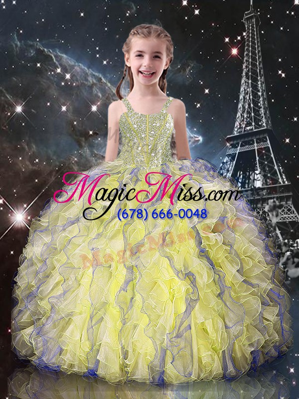 wholesale fitting sweetheart sleeveless quince ball gowns floor length beading and ruffles yellow organza