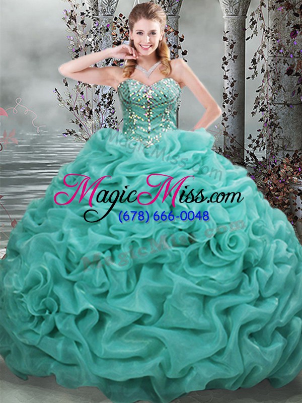 wholesale turquoise ball gowns sweetheart sleeveless organza brush train lace up beading and pick ups quinceanera dresses