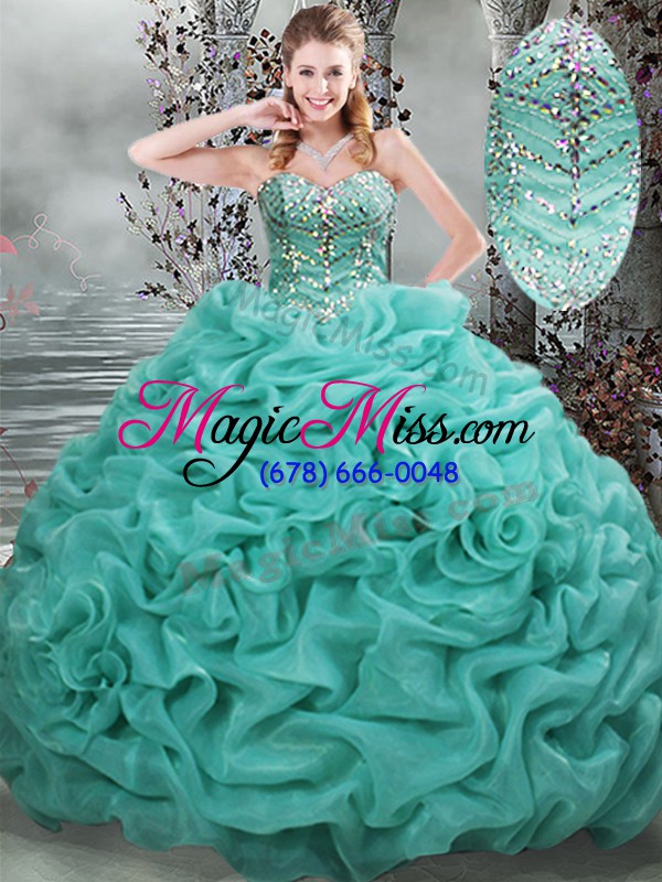 wholesale turquoise ball gowns sweetheart sleeveless organza brush train lace up beading and pick ups quinceanera dresses