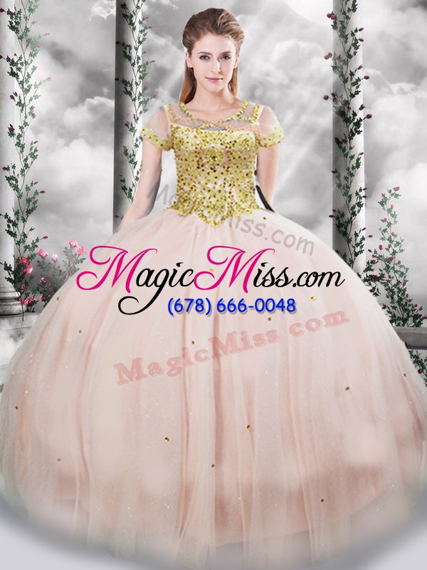 wholesale custom made pink short sleeves beading floor length quinceanera dress