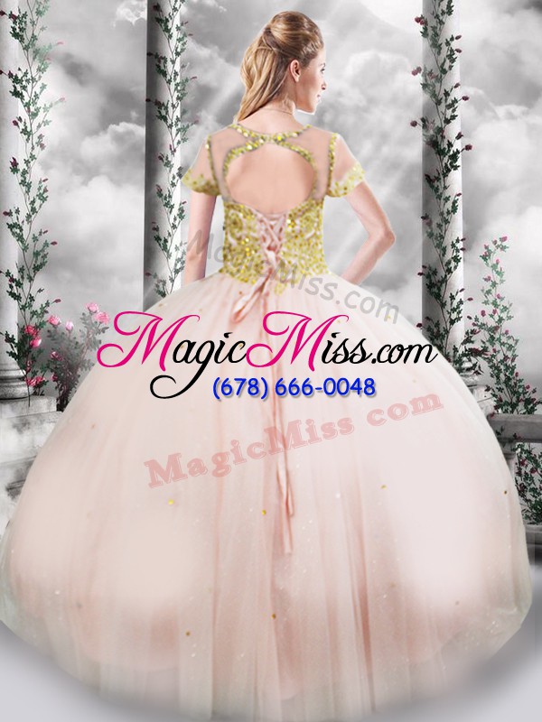 wholesale custom made pink short sleeves beading floor length quinceanera dress