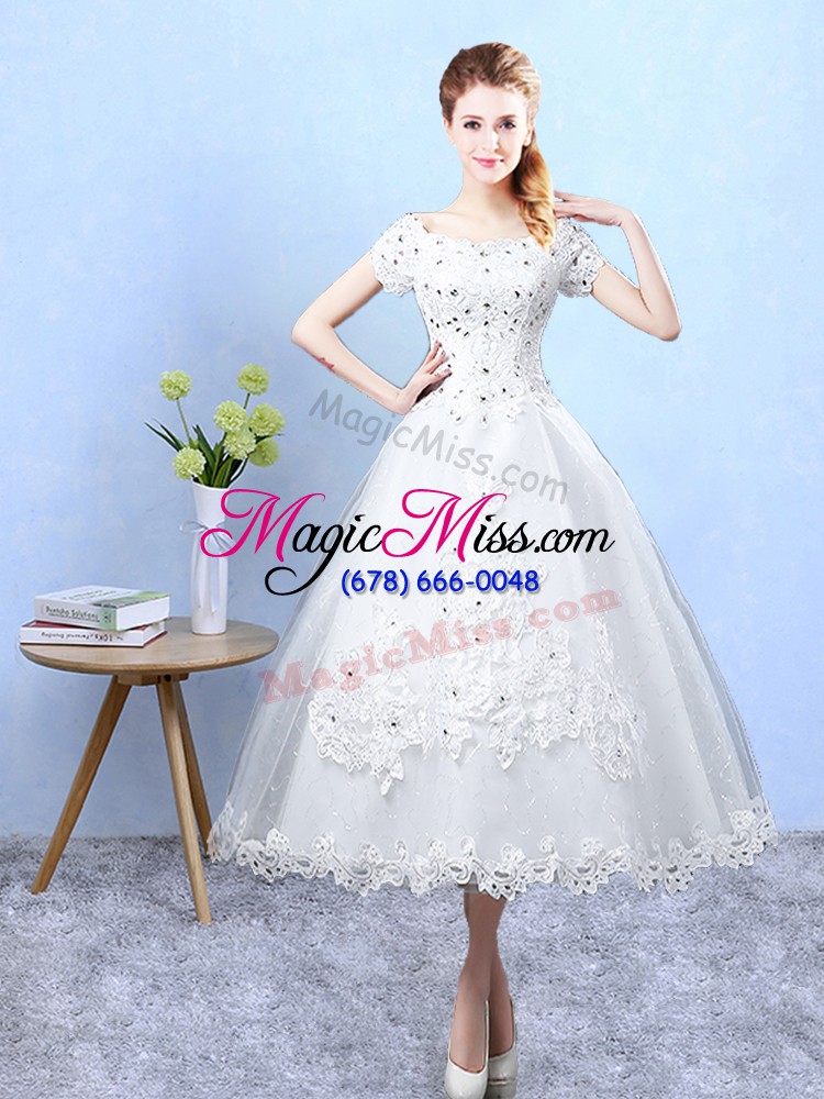 wholesale beading and lace and bowknot damas dress white lace up short sleeves ankle length