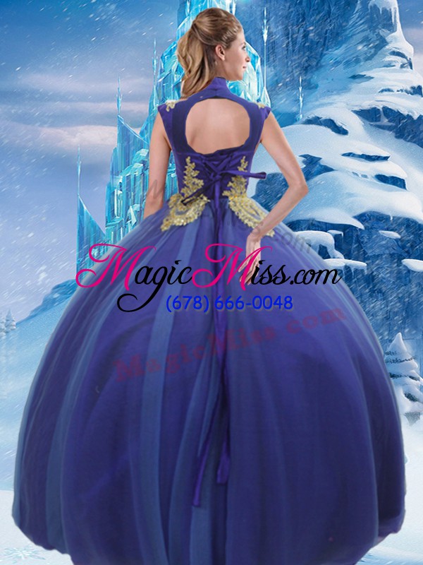 wholesale high-neck sleeveless lace up sweet 16 dress royal blue tulle