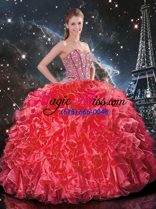 wholesale coral red sweetheart lace up beading and ruffles ball gown prom dress sleeveless