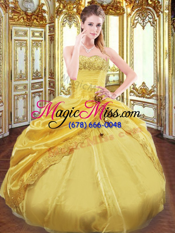 wholesale dramatic sleeveless floor length beading and pick ups lace up quinceanera gown with gold