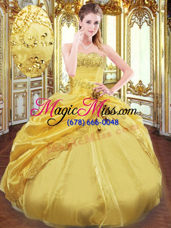 wholesale dramatic sleeveless floor length beading and pick ups lace up quinceanera gown with gold