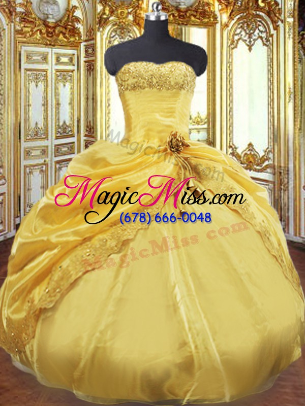 wholesale fabulous gold lace up quinceanera dress beading and pick ups sleeveless floor length