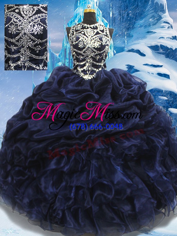 wholesale great floor length navy blue quinceanera dress high-neck sleeveless lace up