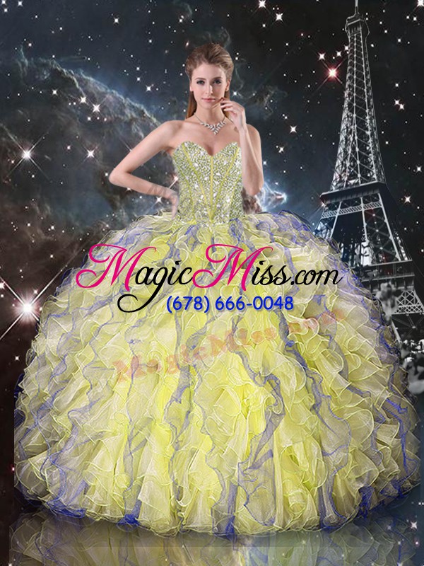 wholesale yellow ball gowns organza sweetheart sleeveless beading and ruffles floor length lace up quinceanera gown