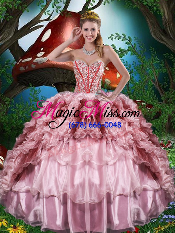 wholesale dazzling sleeveless organza floor length lace up quinceanera dresses in multi-color with beading and ruffles and ruffled layers