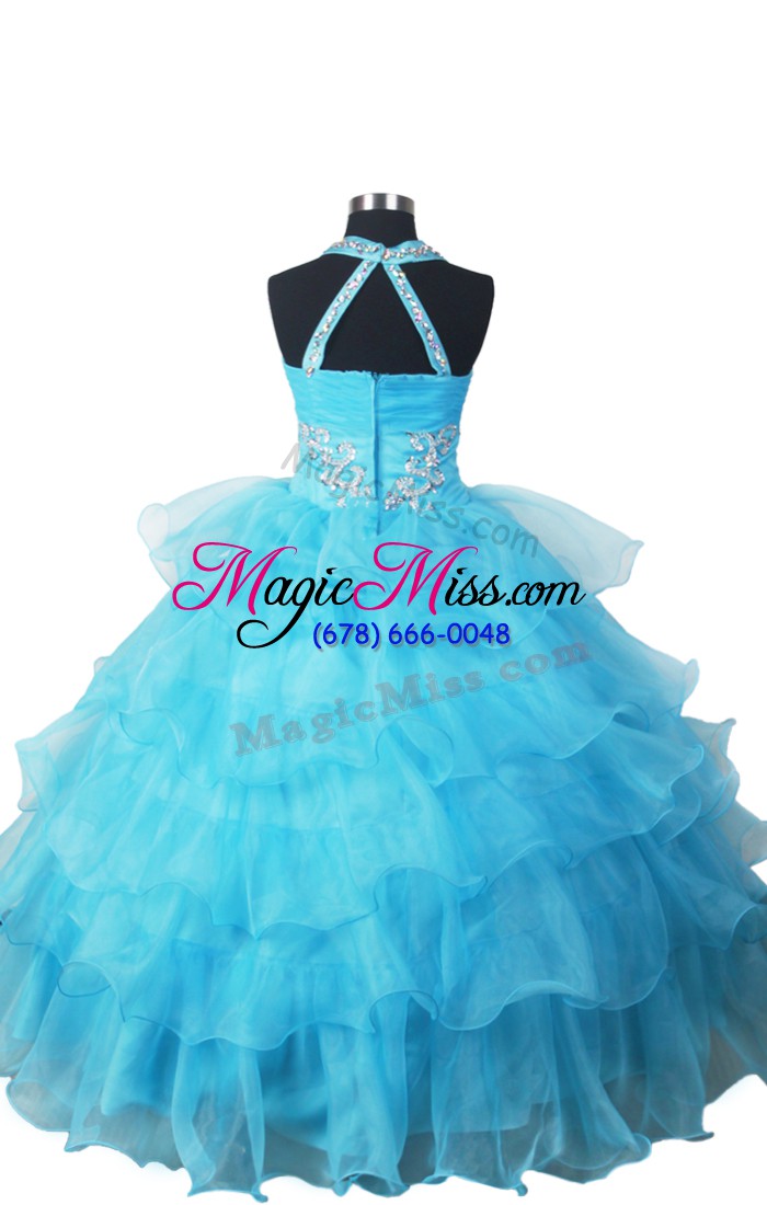 wholesale sleeveless organza floor length zipper kids pageant dress in turquoise with beading and ruffled layers