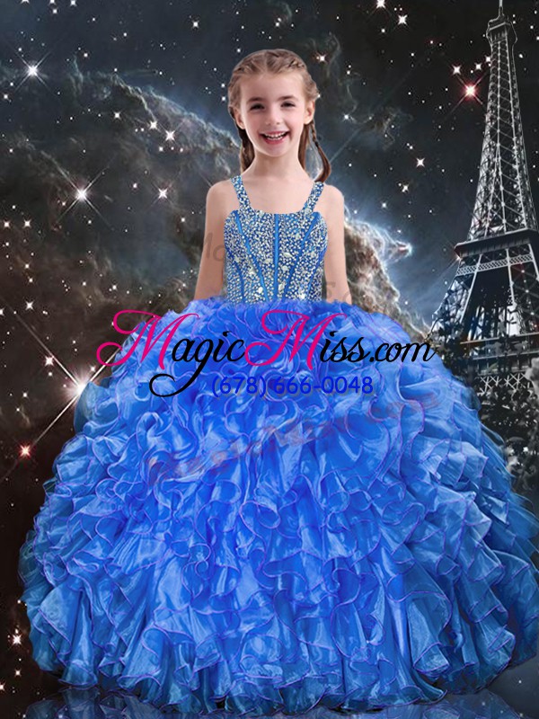 wholesale most popular sleeveless organza floor length lace up sweet 16 dress in royal blue with beading and ruffles
