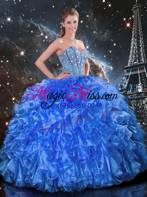 wholesale most popular sleeveless organza floor length lace up sweet 16 dress in royal blue with beading and ruffles