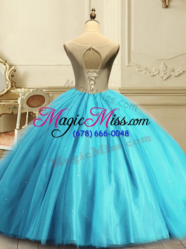 wholesale sophisticated floor length baby blue quinceanera gown tulle sleeveless appliques and sequins