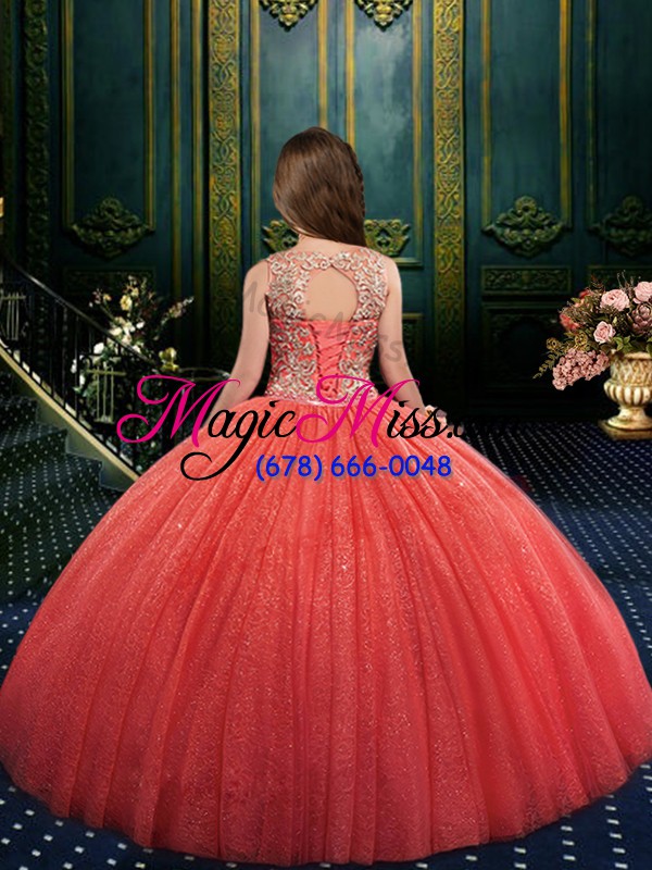 wholesale watermelon red ball gowns appliques child pageant dress lace up tulle sleeveless floor length