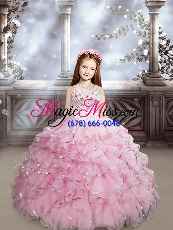 wholesale cheap sleeveless beading and ruffles lace up little girls pageant dress wholesale with baby pink brush train