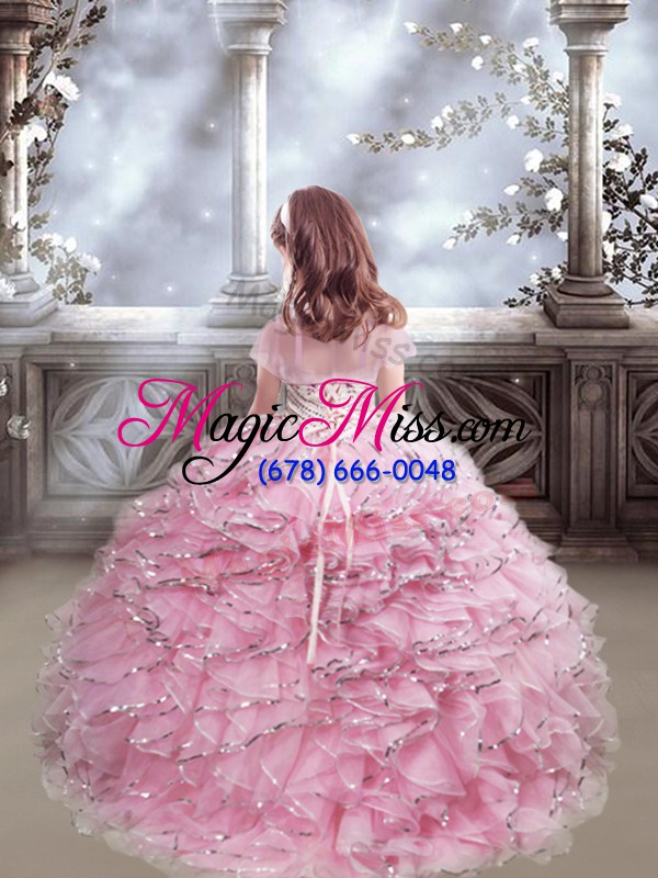 wholesale cheap sleeveless beading and ruffles lace up little girls pageant dress wholesale with baby pink brush train