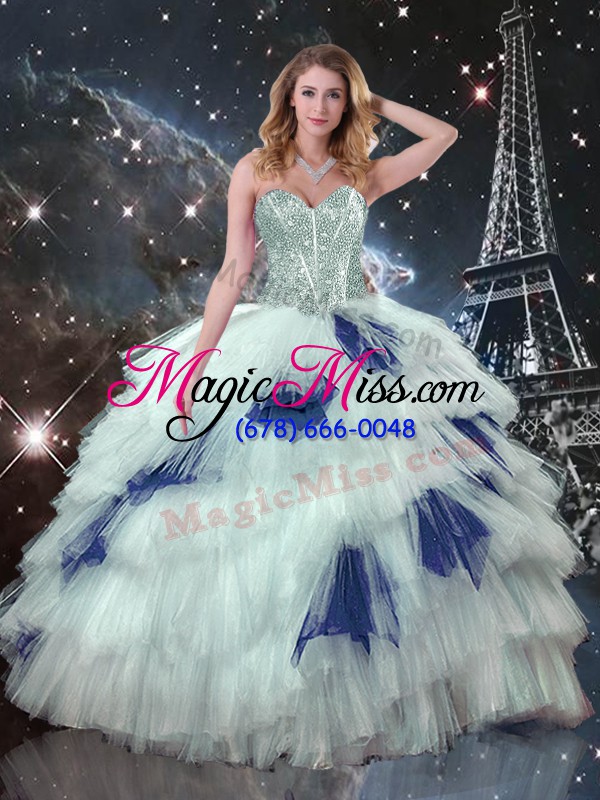 wholesale sleeveless floor length beading and ruffled layers lace up 15th birthday dress with blue and white
