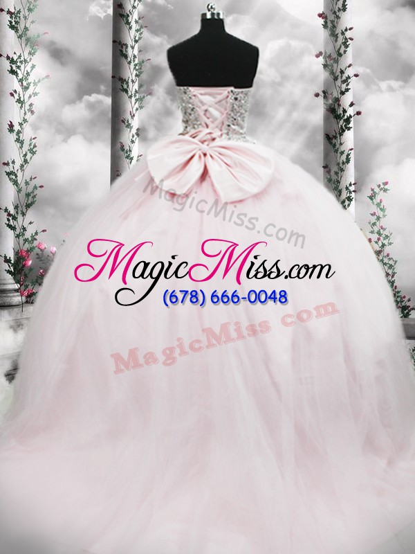 wholesale amazing pink ball gowns tulle sweetheart sleeveless beading and bowknot lace up 15th birthday dress brush train
