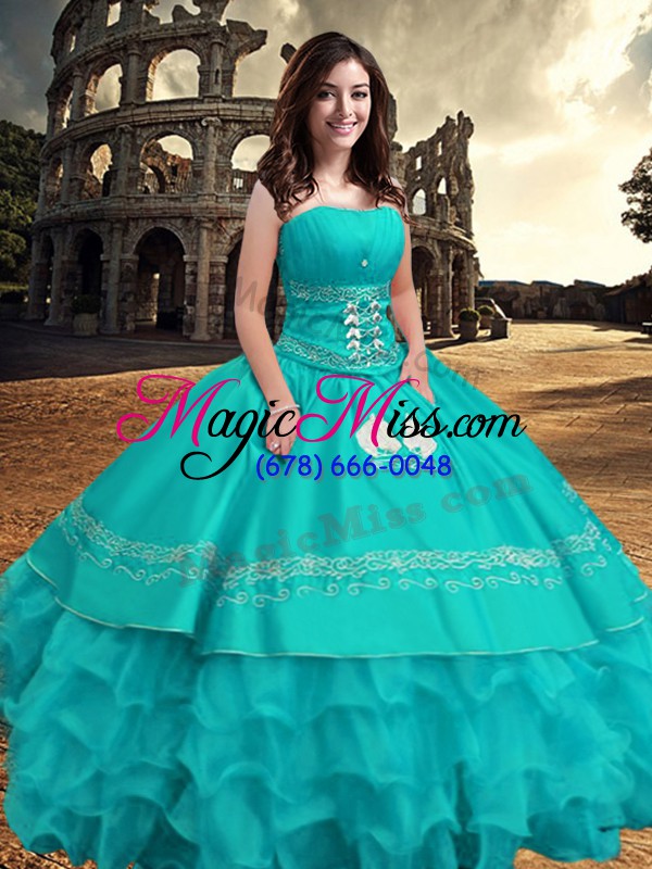 wholesale amazing strapless sleeveless 15 quinceanera dress floor length embroidery and ruffled layers turquoise taffeta
