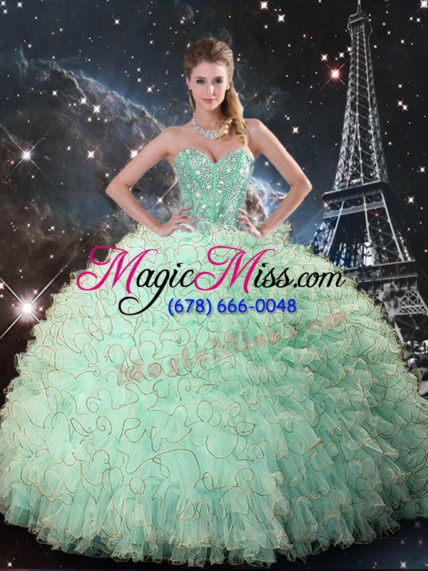 wholesale best selling sleeveless organza floor length lace up sweet 16 dress in apple green with beading and ruffles