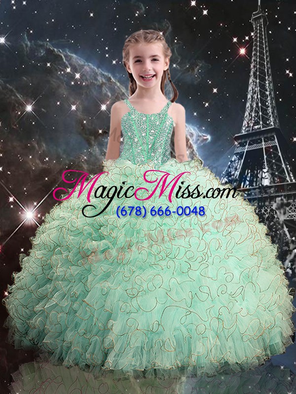 wholesale best selling sleeveless organza floor length lace up sweet 16 dress in apple green with beading and ruffles