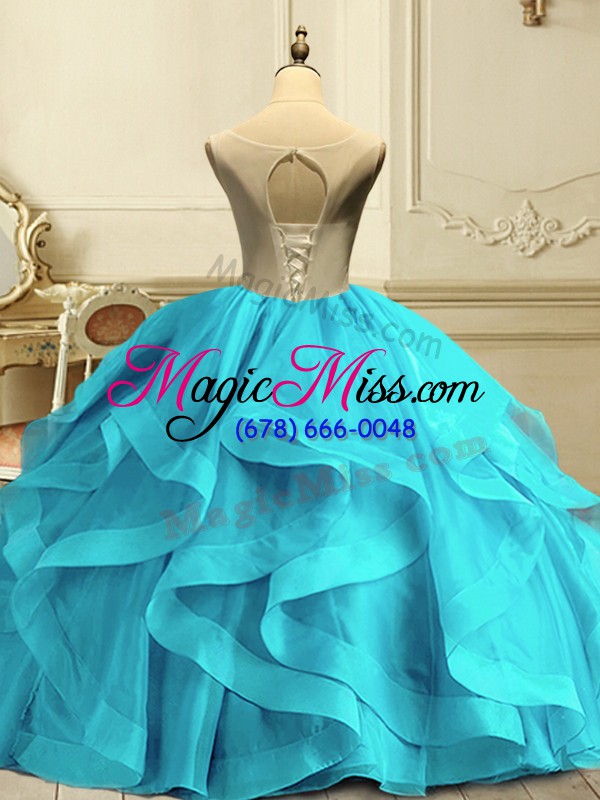 wholesale aqua blue sleeveless organza lace up quinceanera dress for military ball and quinceanera