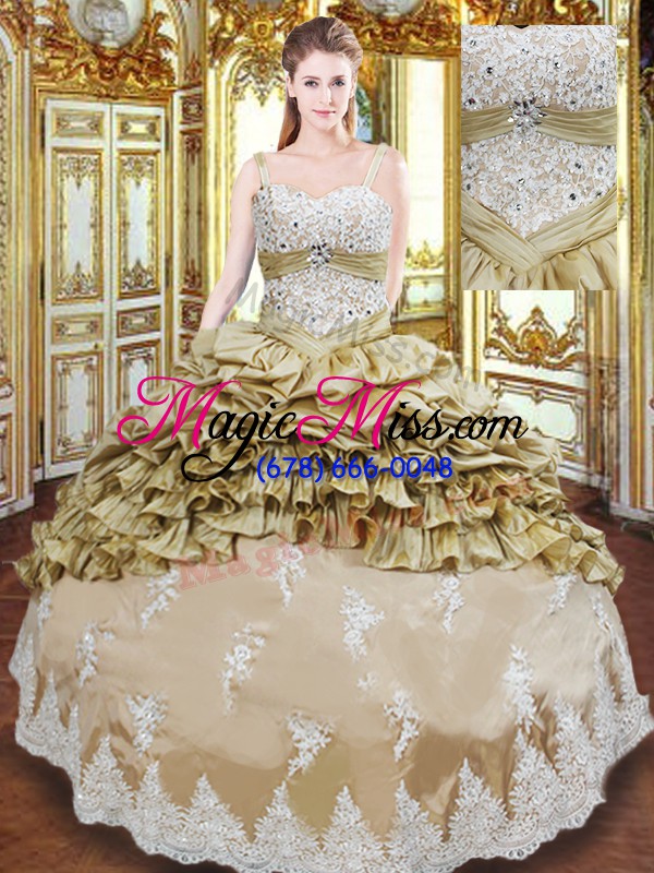 wholesale champagne straps lace up beading and appliques and ruffled layers and pick ups quinceanera dress sleeveless
