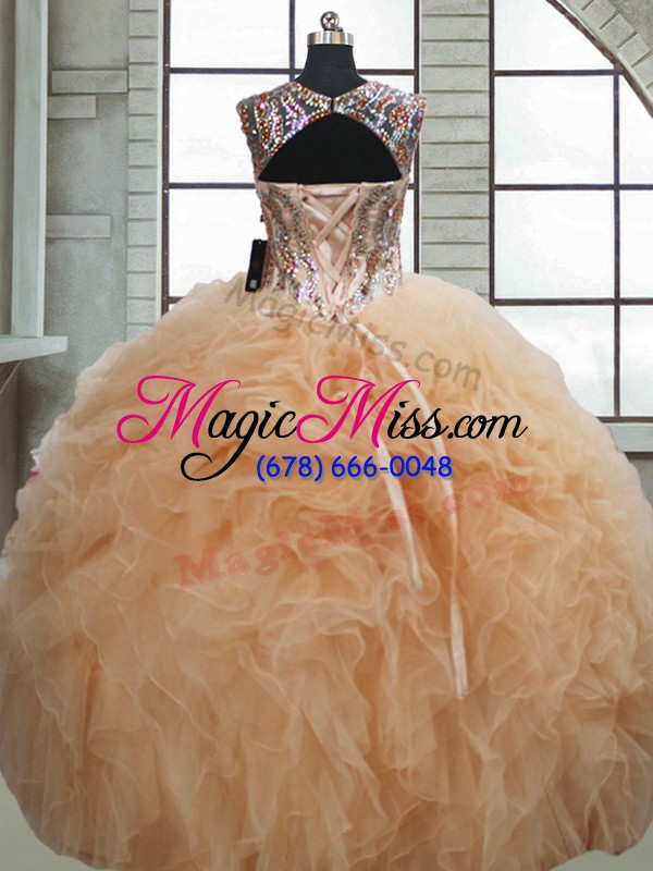wholesale floor length lace up quinceanera dress champagne for military ball and sweet 16 and quinceanera with beading and ruffles