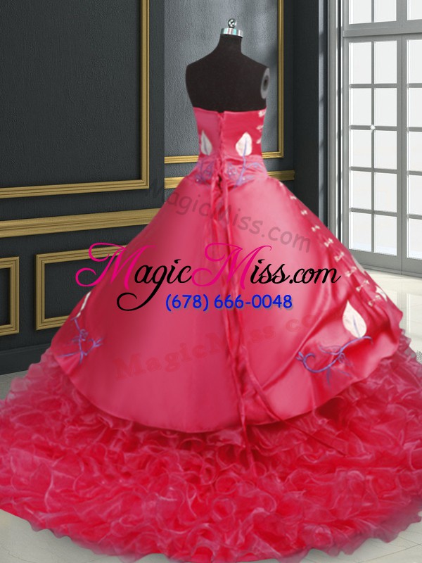 wholesale graceful coral red ball gowns sweetheart sleeveless organza brush train lace up embroidery and ruffled layers ball gown prom dress