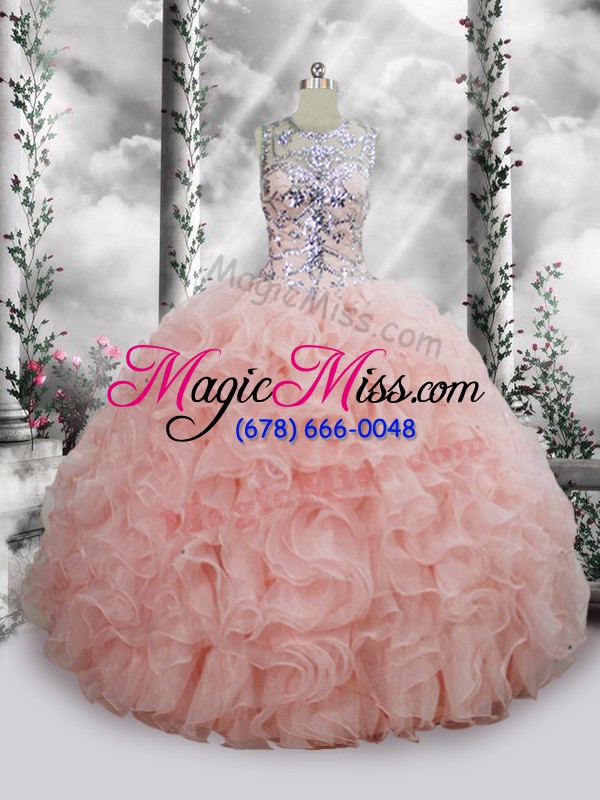wholesale sweet sleeveless lace up floor length beading and ruffles ball gown prom dress