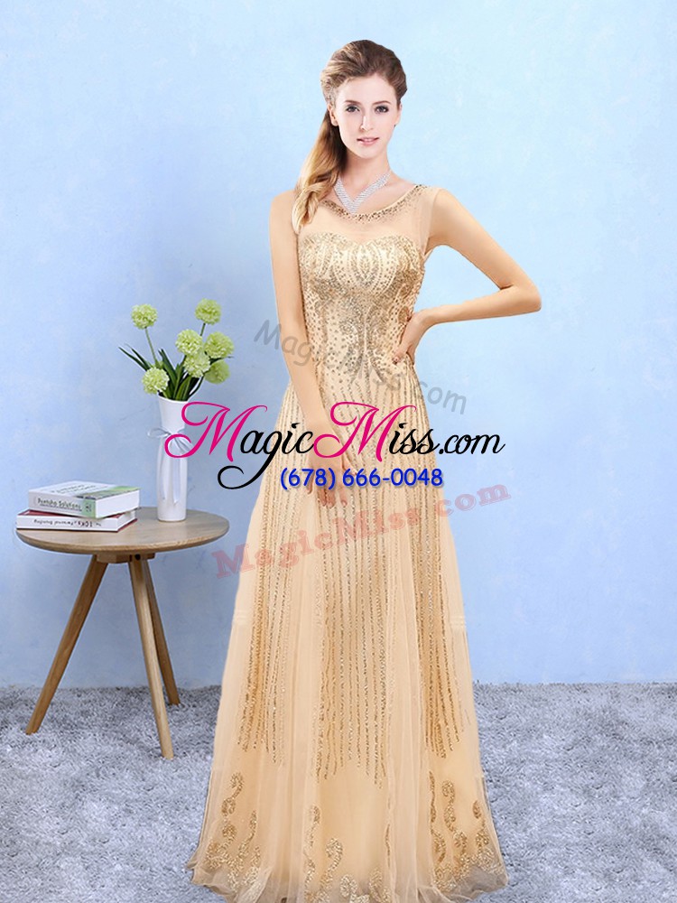 wholesale beauteous gold organza lace up scoop sleeveless floor length bridesmaid gown beading and appliques