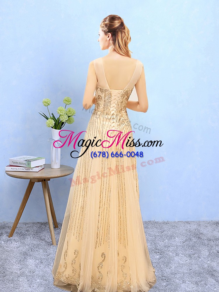 wholesale beauteous gold organza lace up scoop sleeveless floor length bridesmaid gown beading and appliques