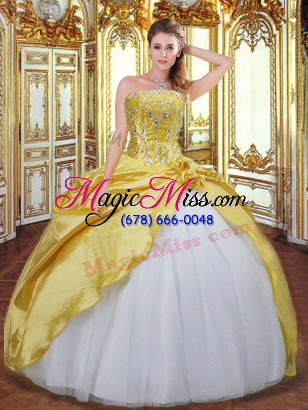 wholesale cheap gold ball gowns beading and hand made flower ball gown prom dress lace up taffeta sleeveless floor length