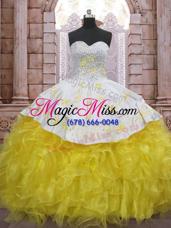 wholesale perfect sleeveless organza brush train lace up 15th birthday dress in yellow and white with beading and appliques and ruffles