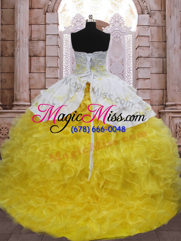 wholesale perfect sleeveless organza brush train lace up 15th birthday dress in yellow and white with beading and appliques and ruffles