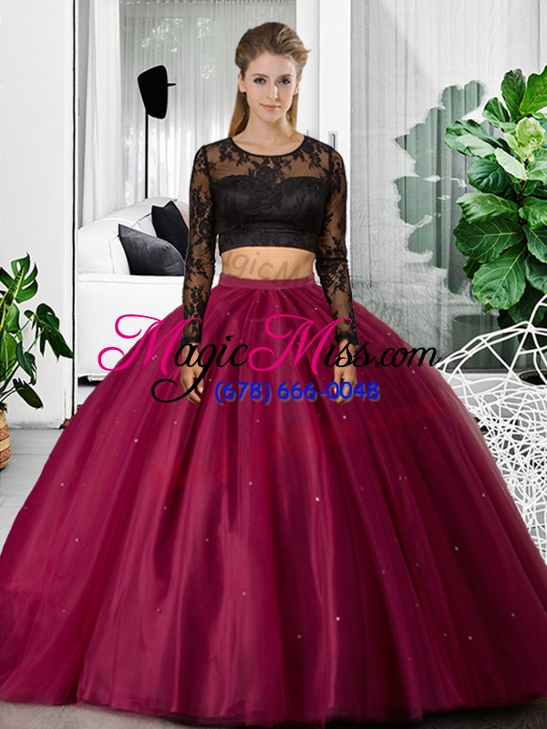 wholesale fuchsia backless scoop lace and ruching quince ball gowns tulle long sleeves
