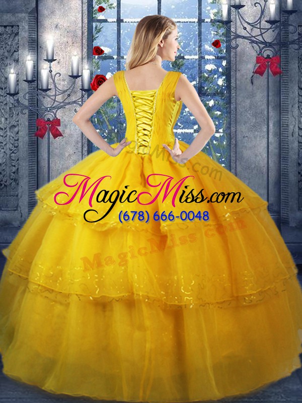 wholesale suitable ball gowns 15th birthday dress gold straps organza sleeveless floor length lace up