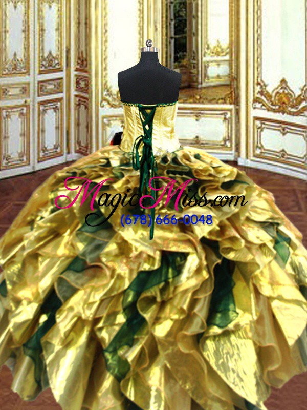 wholesale gold sweetheart lace up embroidery and ruffles 15 quinceanera dress sleeveless