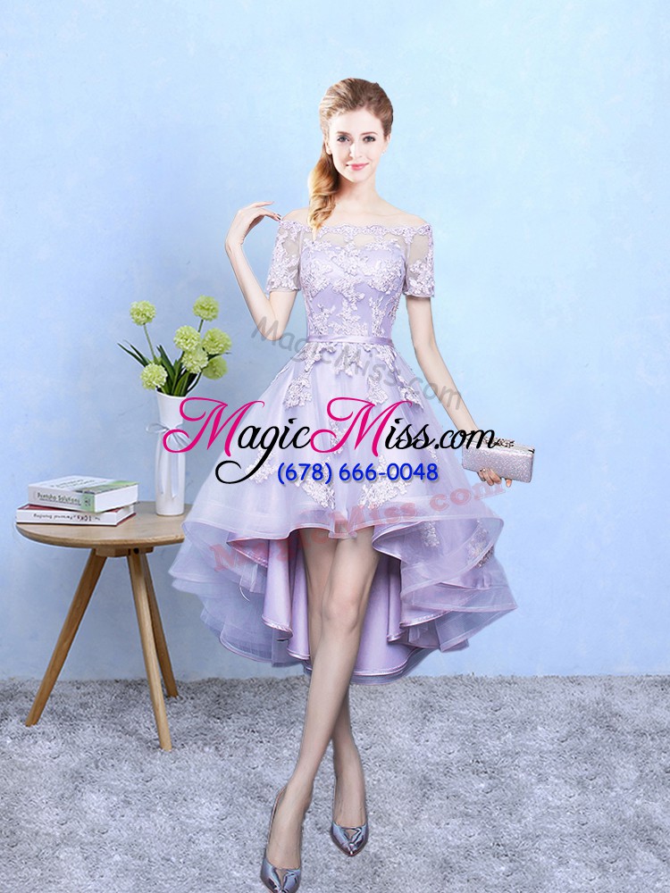 wholesale superior lavender a-line lace dama dress for quinceanera lace up tulle short sleeves high low