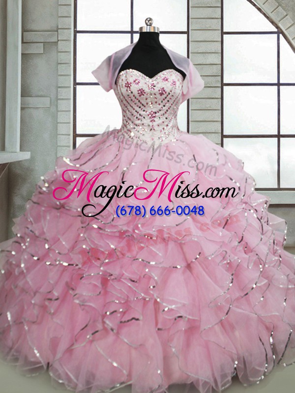 wholesale best selling sleeveless beading and ruffles lace up 15th birthday dress with baby pink brush train