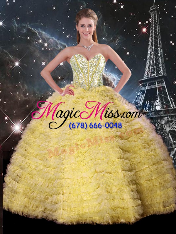 wholesale yellow organza lace up ball gown prom dress sleeveless floor length beading and ruffled layers