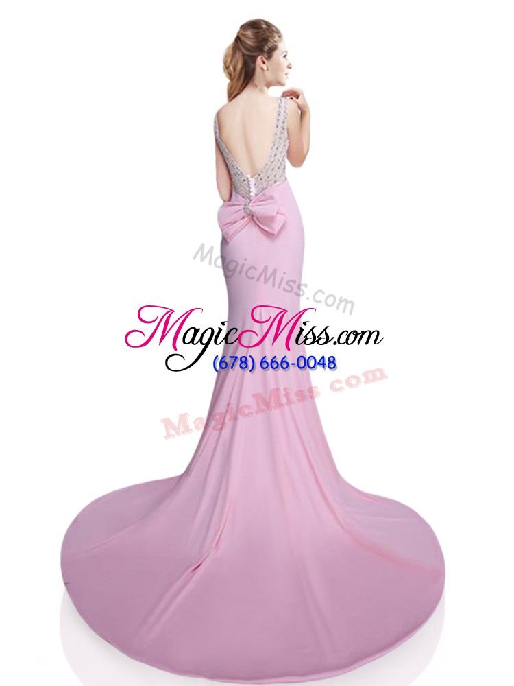 wholesale sleeveless elastic woven satin brush train clasp handle homecoming dress in pink with beading and bowknot