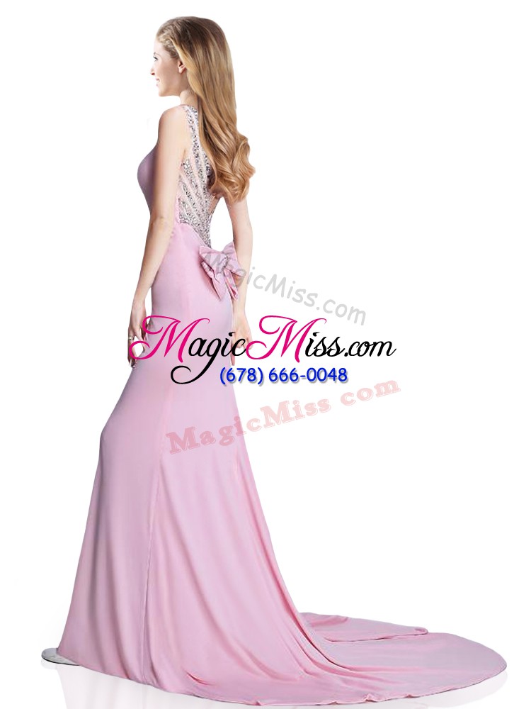 wholesale sleeveless elastic woven satin brush train clasp handle homecoming dress in pink with beading and bowknot
